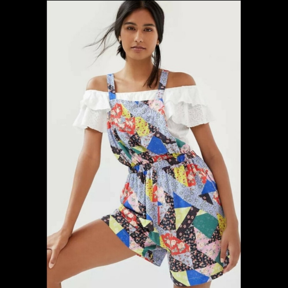 ANTHROPOLOGIE COREY LYNN CALTER FLORAL PATCHWORK SHORT OVERALLS